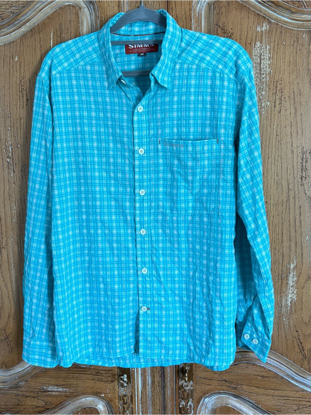 Simms fishing /outdoor Men's Aqua Plaid Long-Sleeve Button-Down / outdoor M
